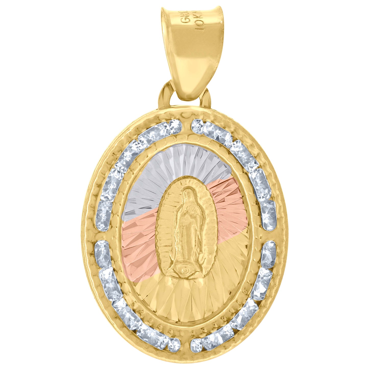 10kt Tri-Color Gold Unisex Cubic-Zirconia Textured Lady Of Guadalupe Religious Oval Charm Pendant