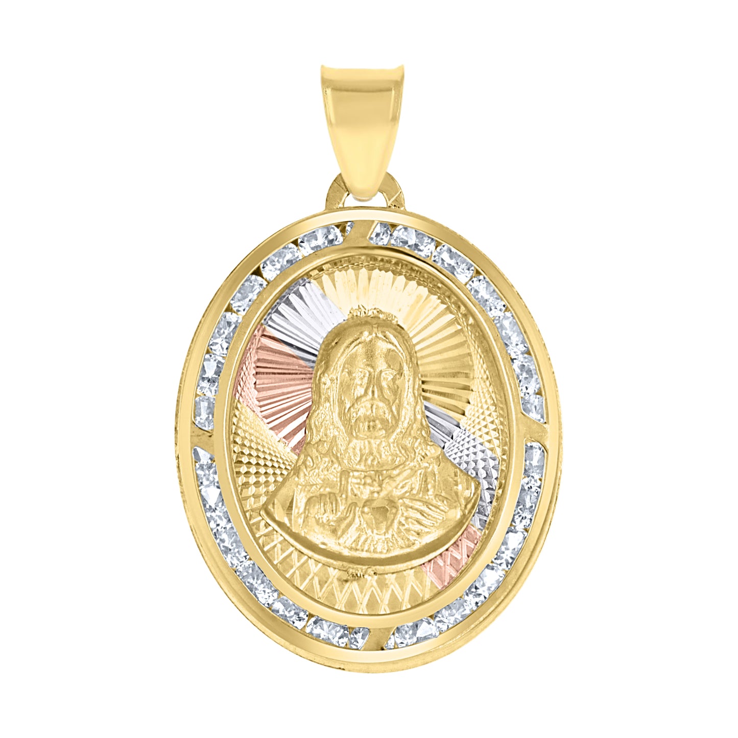 10kt Tri-Color Gold Unisex Cubic-Zirconia Textured Sacred Heart Of Jesus Religious Charm Pendant