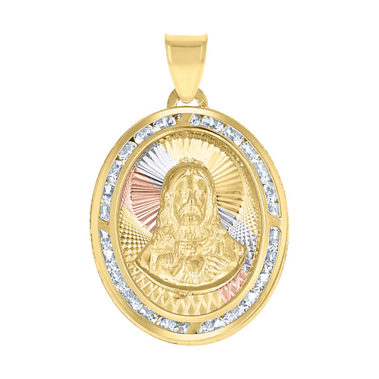 10kt Tri-Color Gold Unisex Cubic-Zirconia Textured Sacred Heart Of Jesus Religious Charm Pendant