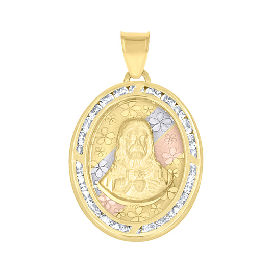 10kt Tri-Color Gold Unisex Cubic Zirconia Diamond-Cut Jesus Face Religious Charm Pendant