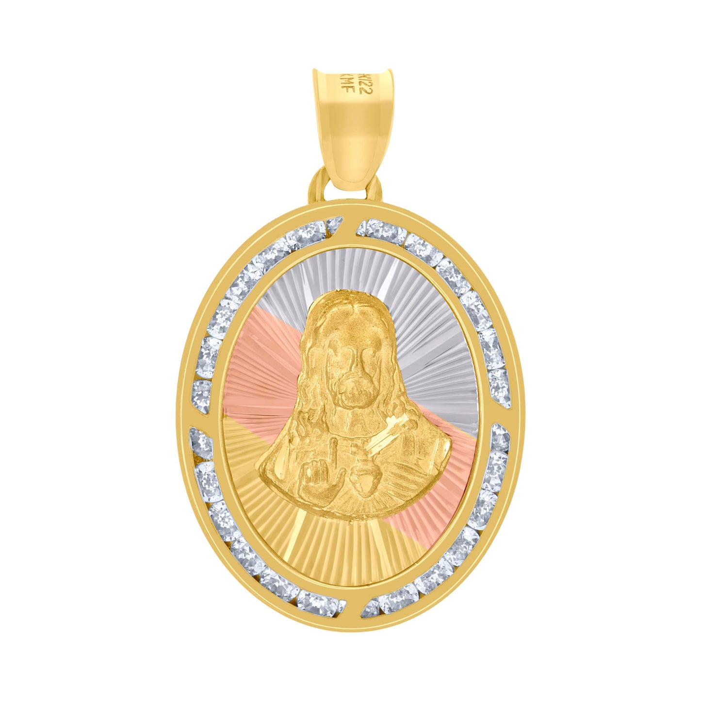 10kt Tri-Color Gold Unisex Cubic-Zirconia Textured Sacred Heart Of Jesus Religious Oval Charm Pendant