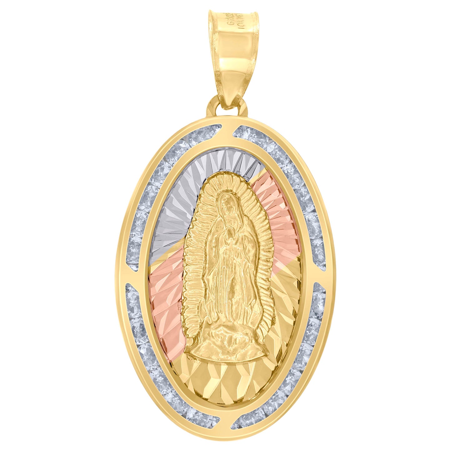 10kt Tri-Color Gold Unisex Cubic-Zirconia Diamond-Cut Lady Of Guadalupe Religious Oval Charm Pendant