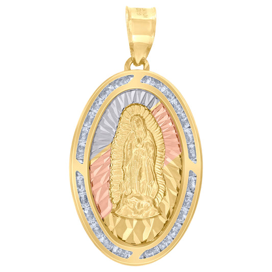 10kt Tri-Color Gold Unisex Cubic-Zirconia Diamond-Cut Lady Of Guadalupe Religious Oval Charm Pendant