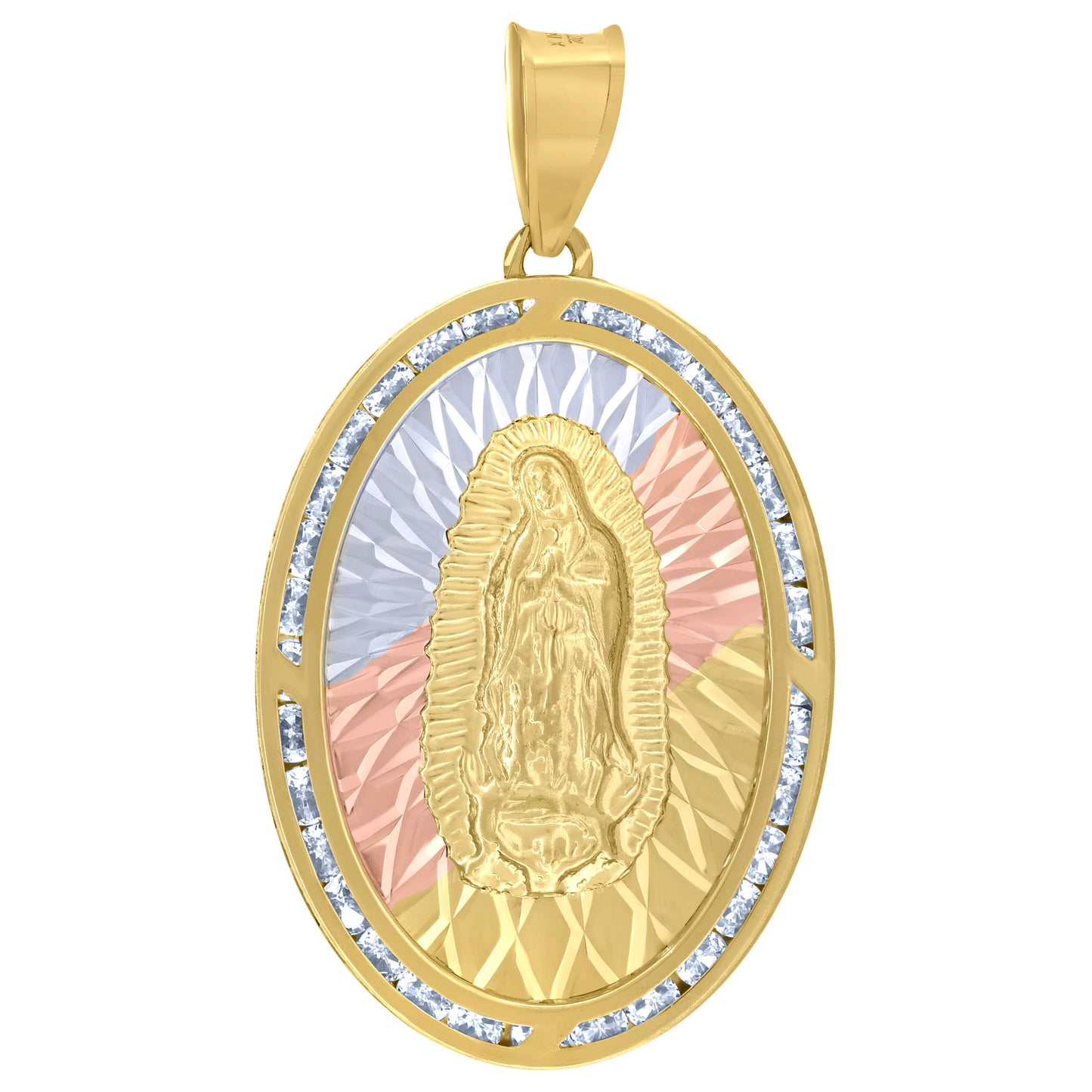 10kt Tri-Color Gold Unisex Cubic Zirconia Diamond-Cut Lady Of Guadalupe Religious Charm Pendant