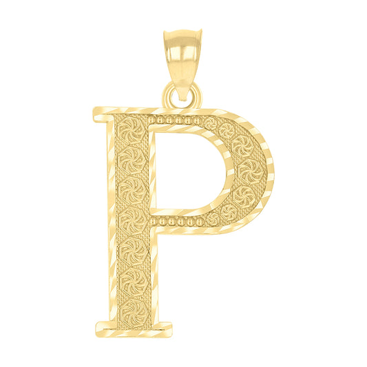 10k Yellow Gold Diamond Cut Mens Letter P Initial Charm Pendant