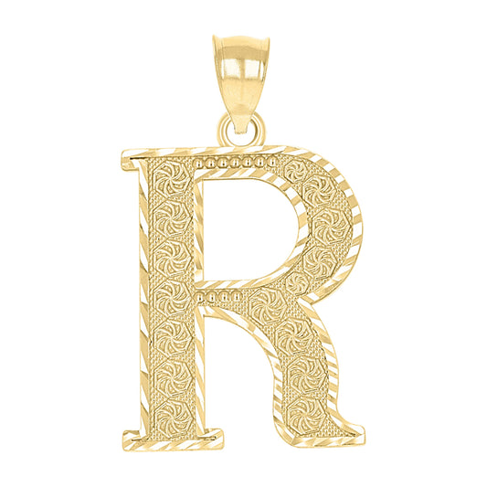 10k Yellow Gold Unisex Diamond Cut Initial Letter R Charm Pendant