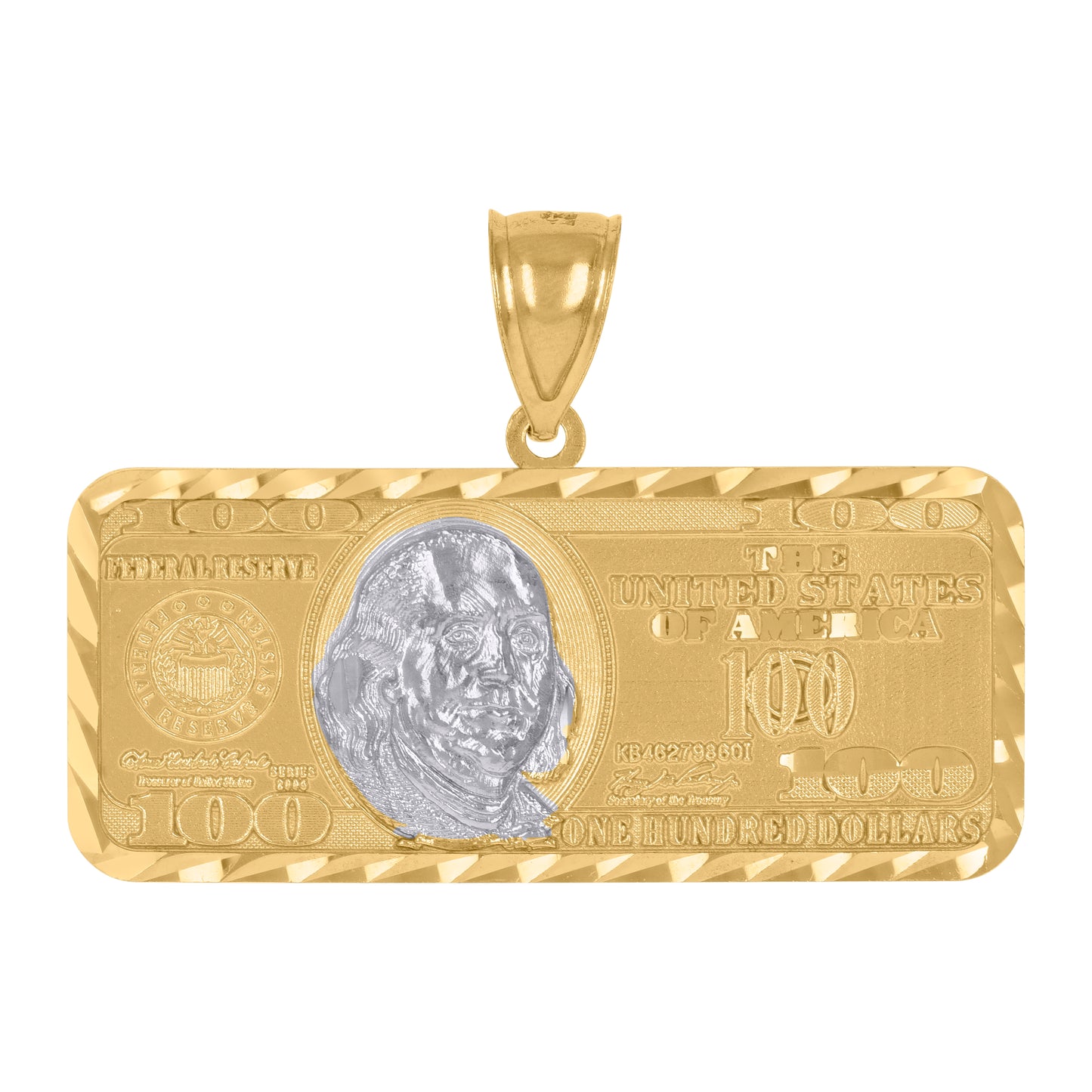 10k Two Tone Gold Mens 100 Dollar Bill Currency Diamond Cut Pendant