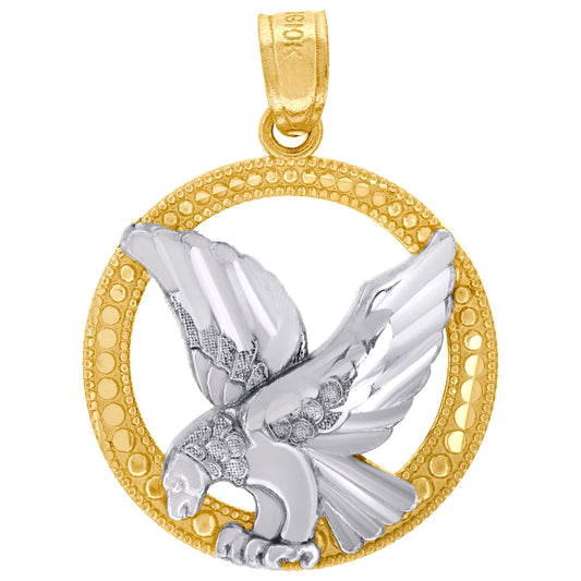 10k Two Tone Gold Mens Diamond Cut Textured Flying Eagle Bird Charm Pendant