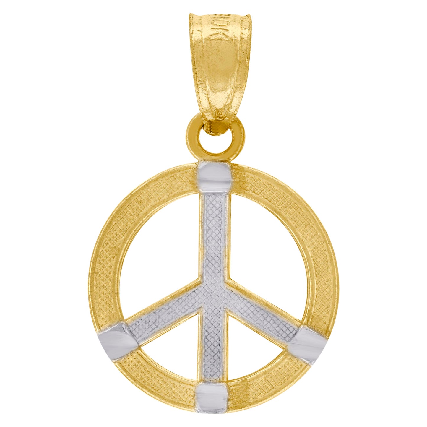 10k Two Tone Gold Unisex Textured Peace Sign Charm Pendant