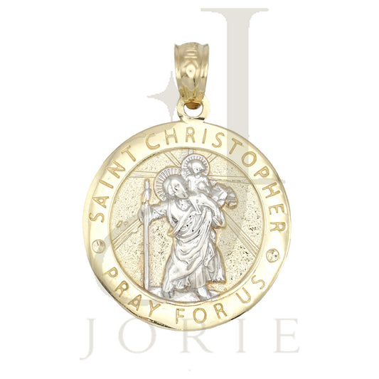 10k Two-Tone Gold Unisex Textured Saint Christopher Pray For Us Religious Charm Pendant