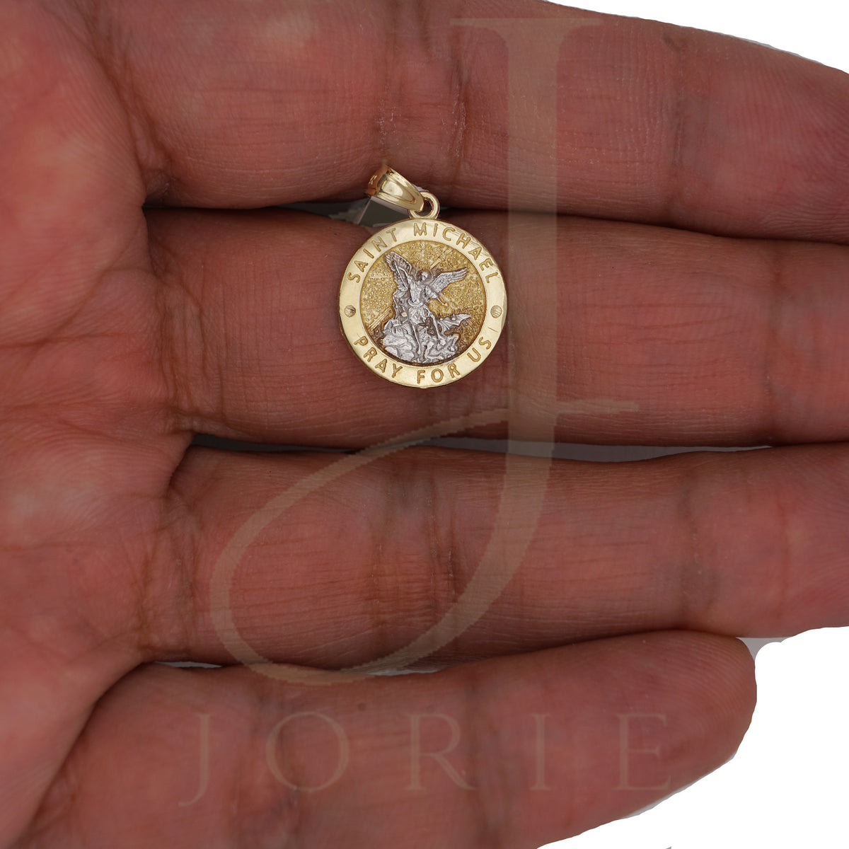10k Two-Tone Gold Unisex Textured Saint Michael Pray For Us Religious Charm Pendant