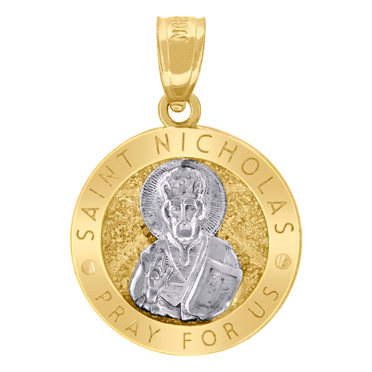 10kt Two-Tone Gold Unisex Textured Saint Nicholas Pray For Us Religious Charm Pendant