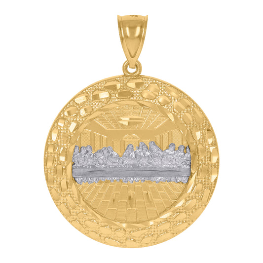 10k Two Tone Gold Unisex Diamond Cut Last Supper Religious Round Medal Pendant
