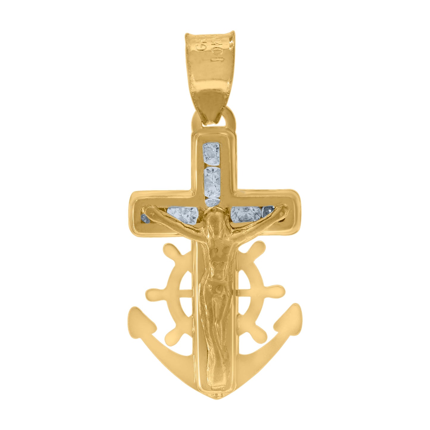 10kt Yellow Gold Unisex Cubic Zirconia Cubic-Zirconia Anchor Crucifix Cross Religious Charm Pendant